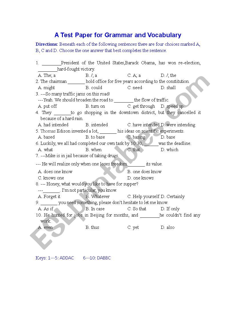 A Test Paper for Grammar and Vocabulary