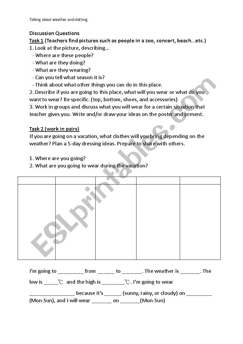 Weather and clothing worksheet