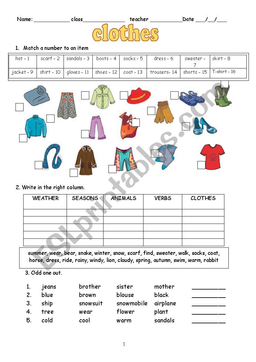 Clothes worksheet