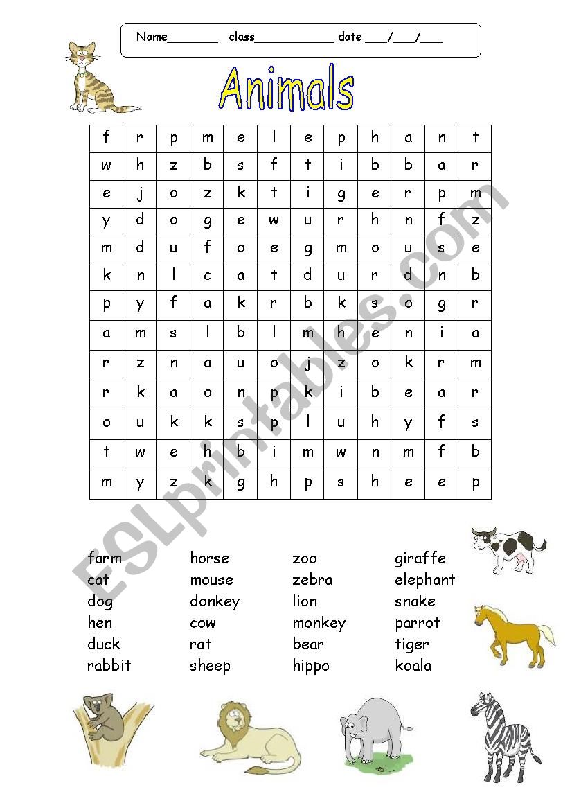 Animals Word search worksheet