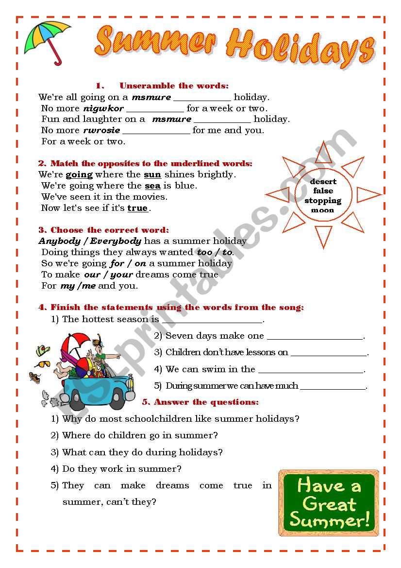 Summer Holidays worksheet