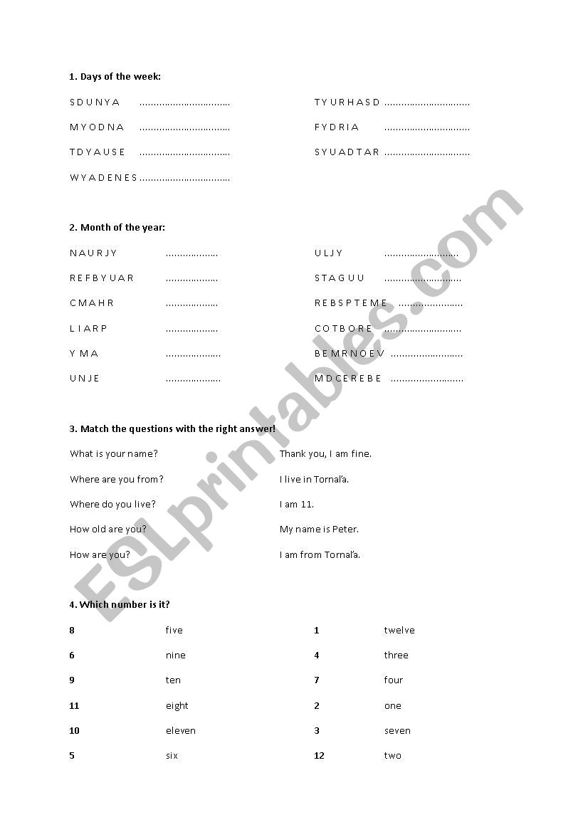 Days, Months, Numbers worksheet