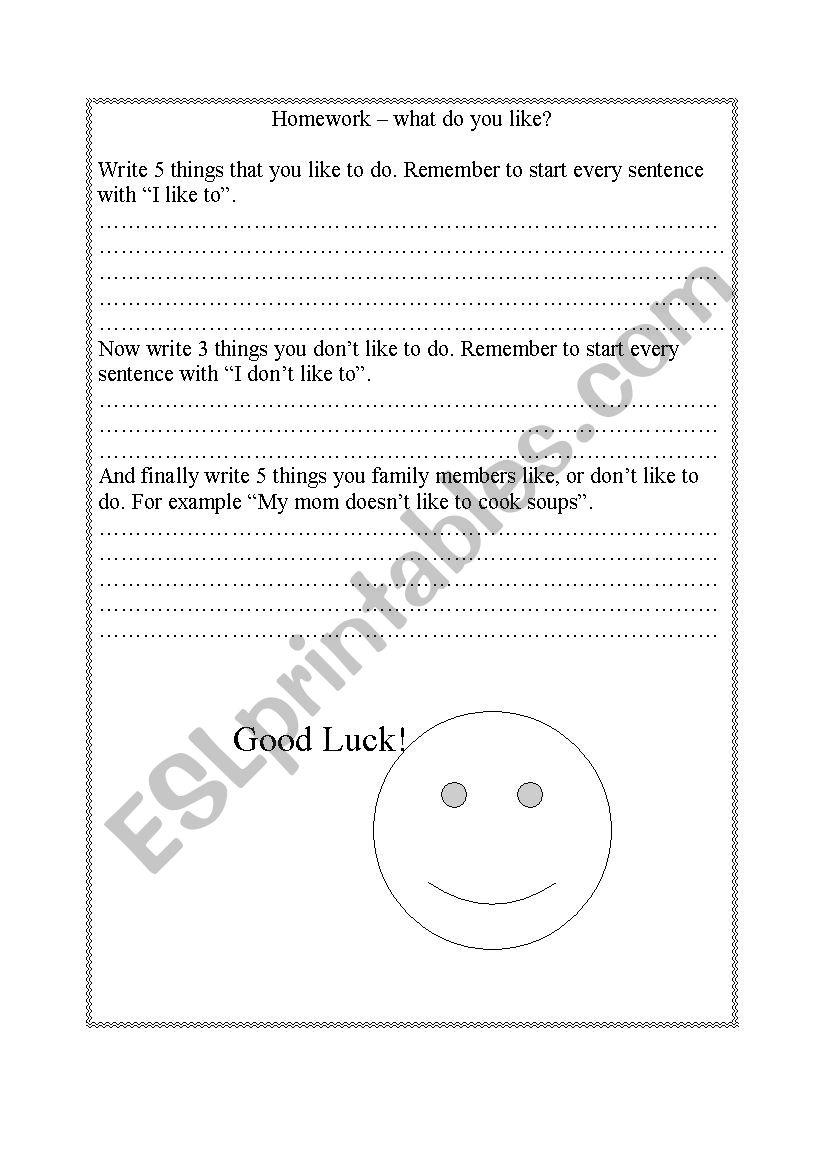 Homework - I like to worksheet