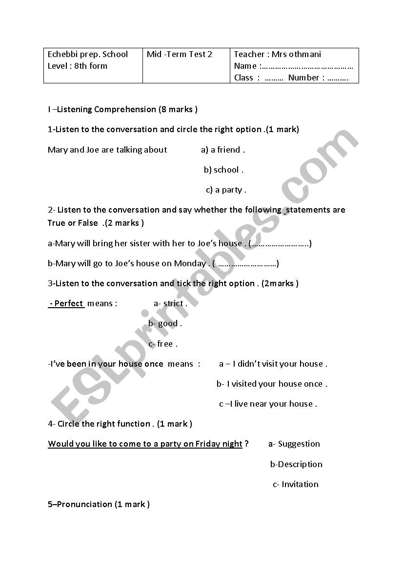 mid-term test 8th FORM worksheet