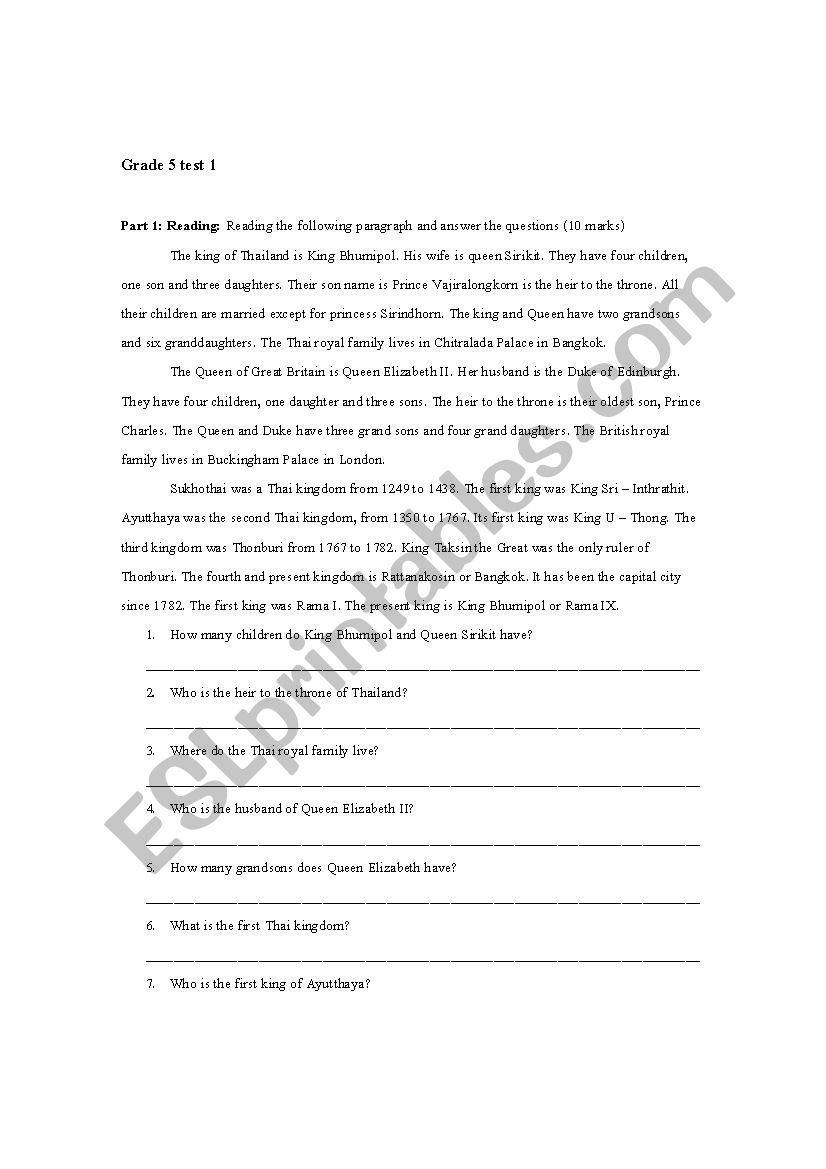 Grade 5 Test worksheet