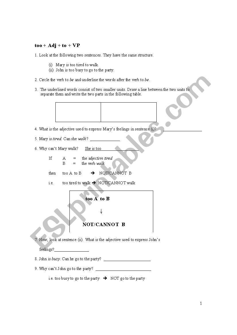 Too Adjective Worksheet