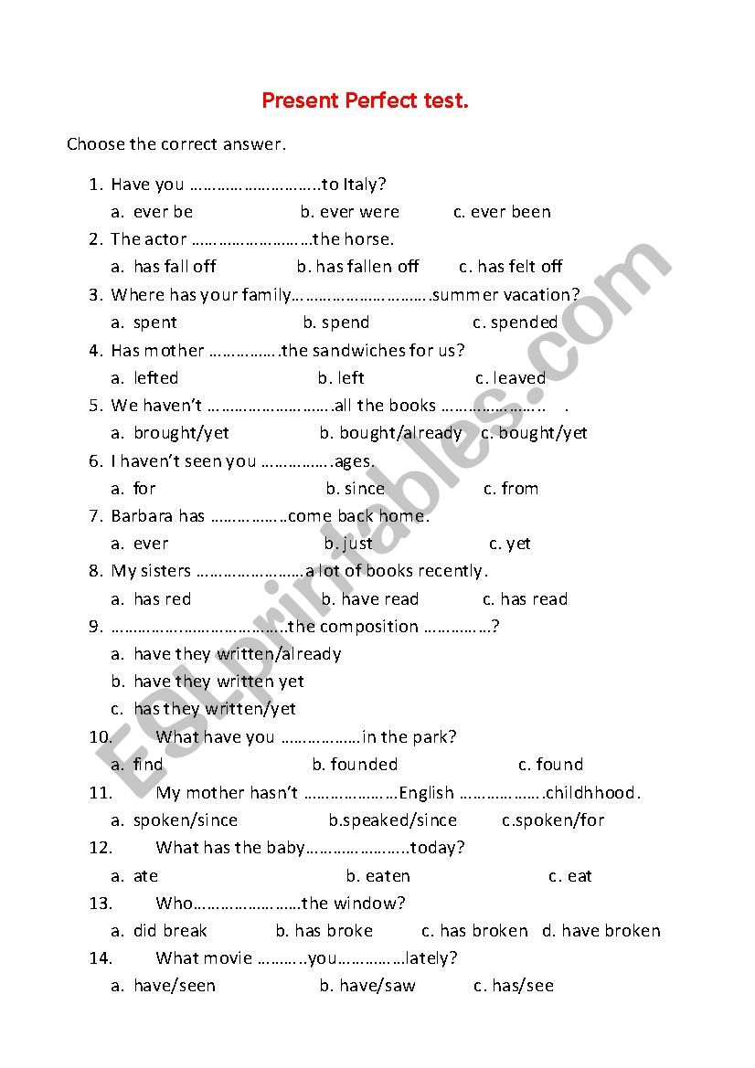 Present Perfect Test worksheet