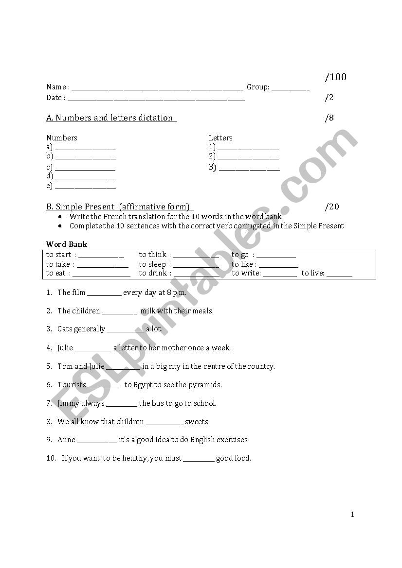 Beginner grammar review test worksheet