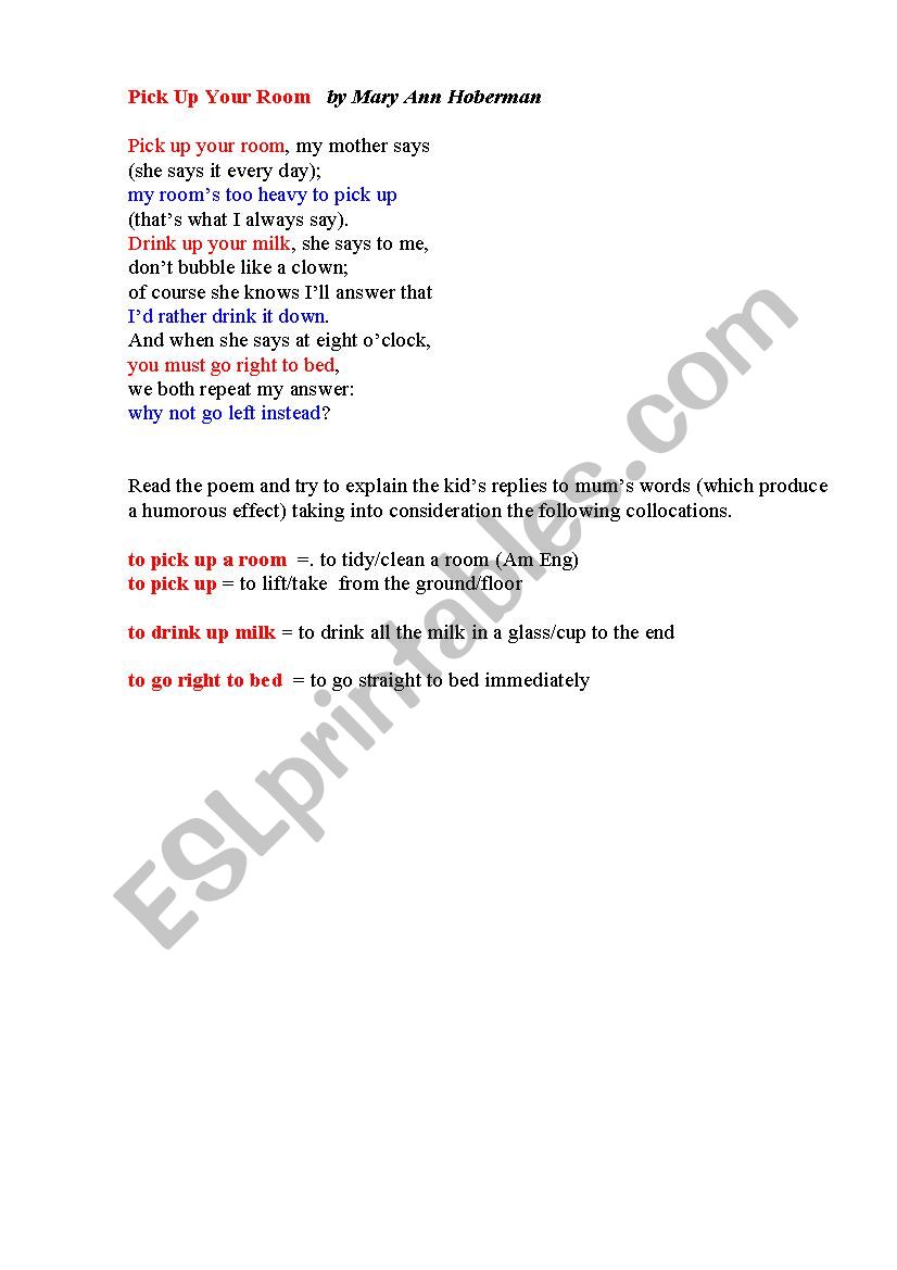 PICK UP YOUR ROOM ( a  poem ) worksheet