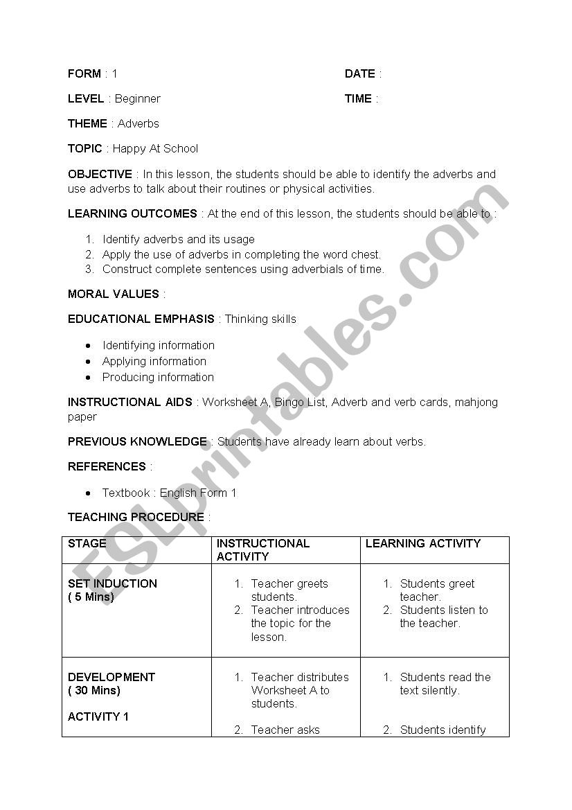 Lesson Plan Adverb worksheet