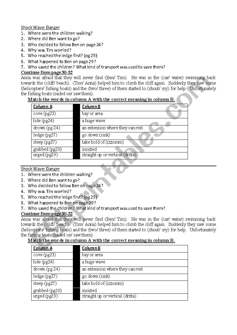 comprehensions book Shockwave worksheet