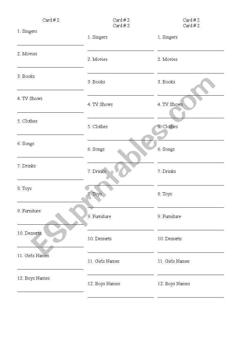 Scattergories 2 worksheet