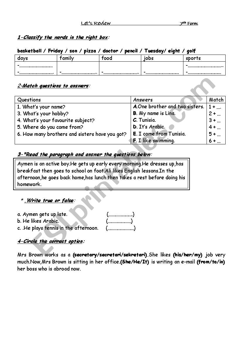 7th Form Review worksheet
