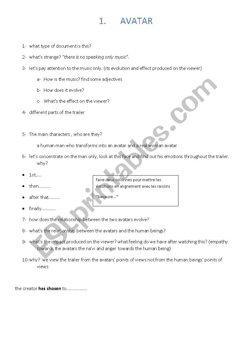 Avatar Trailer worksheet