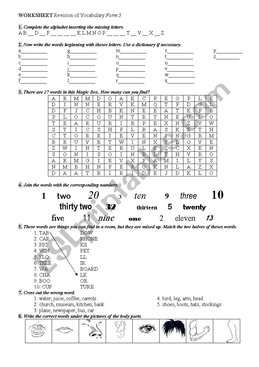 Revision of vocabulary (alphabet, numbers, parts of the body etc.)