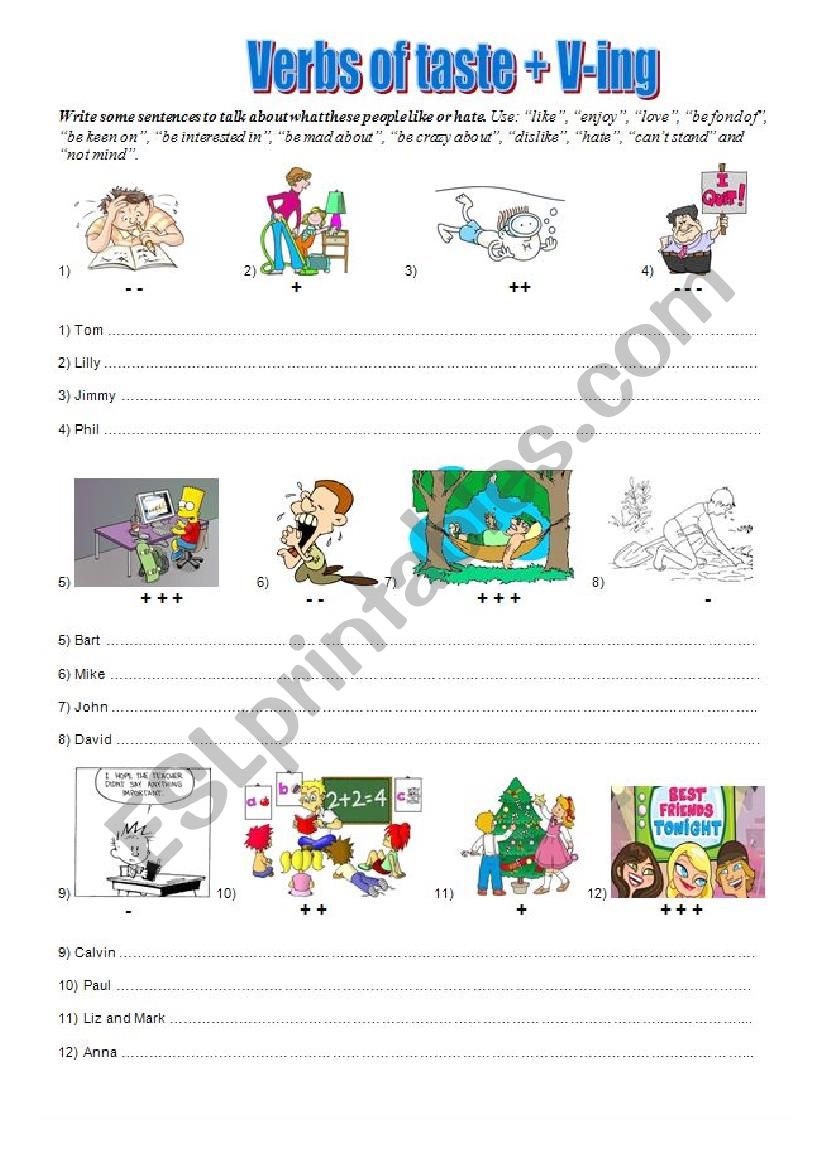 Verbs of taste + gerund worksheet