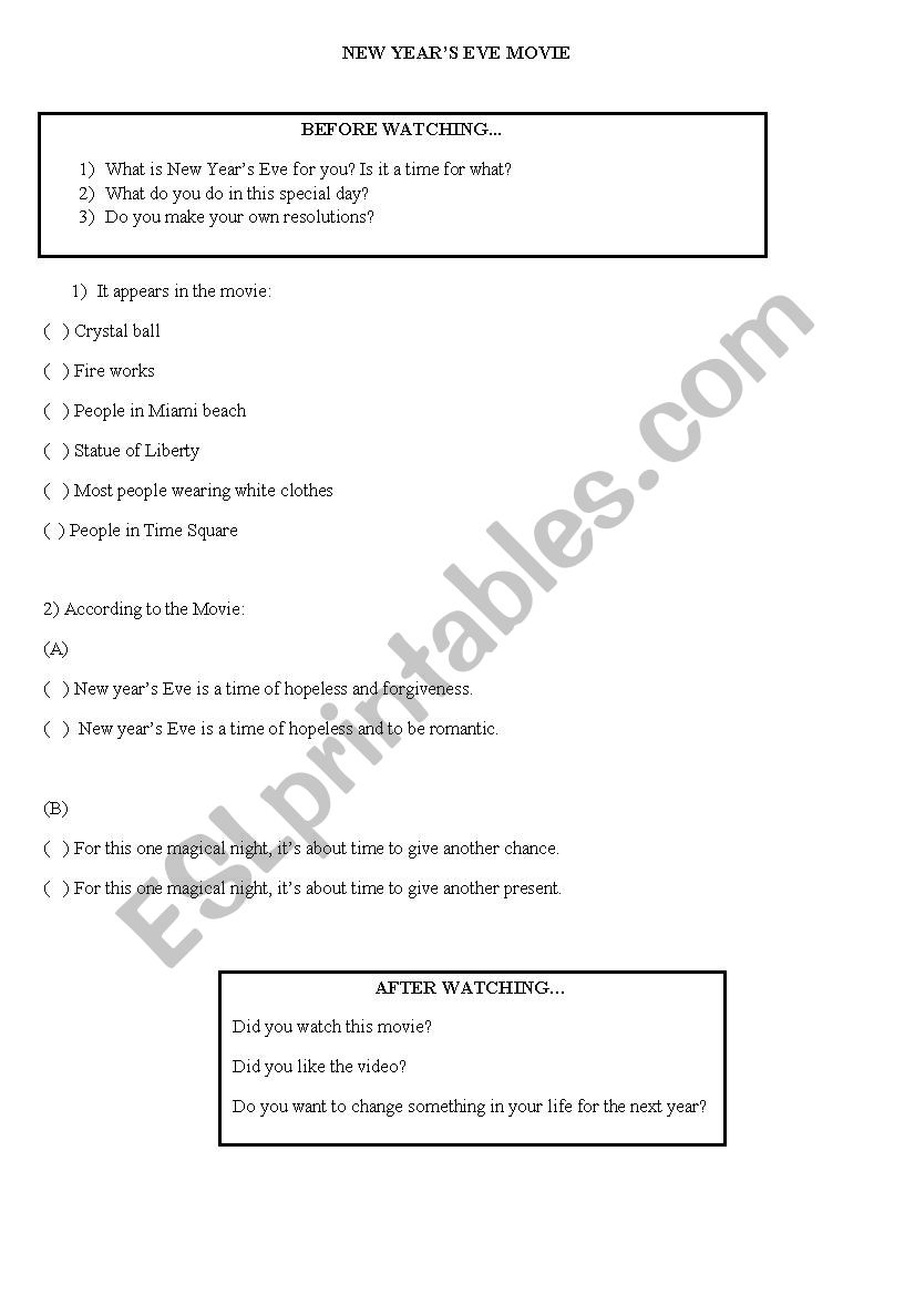 New Years Eve Movie worksheet