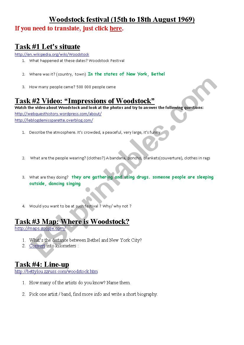 Woodstock festival Webquest worksheet