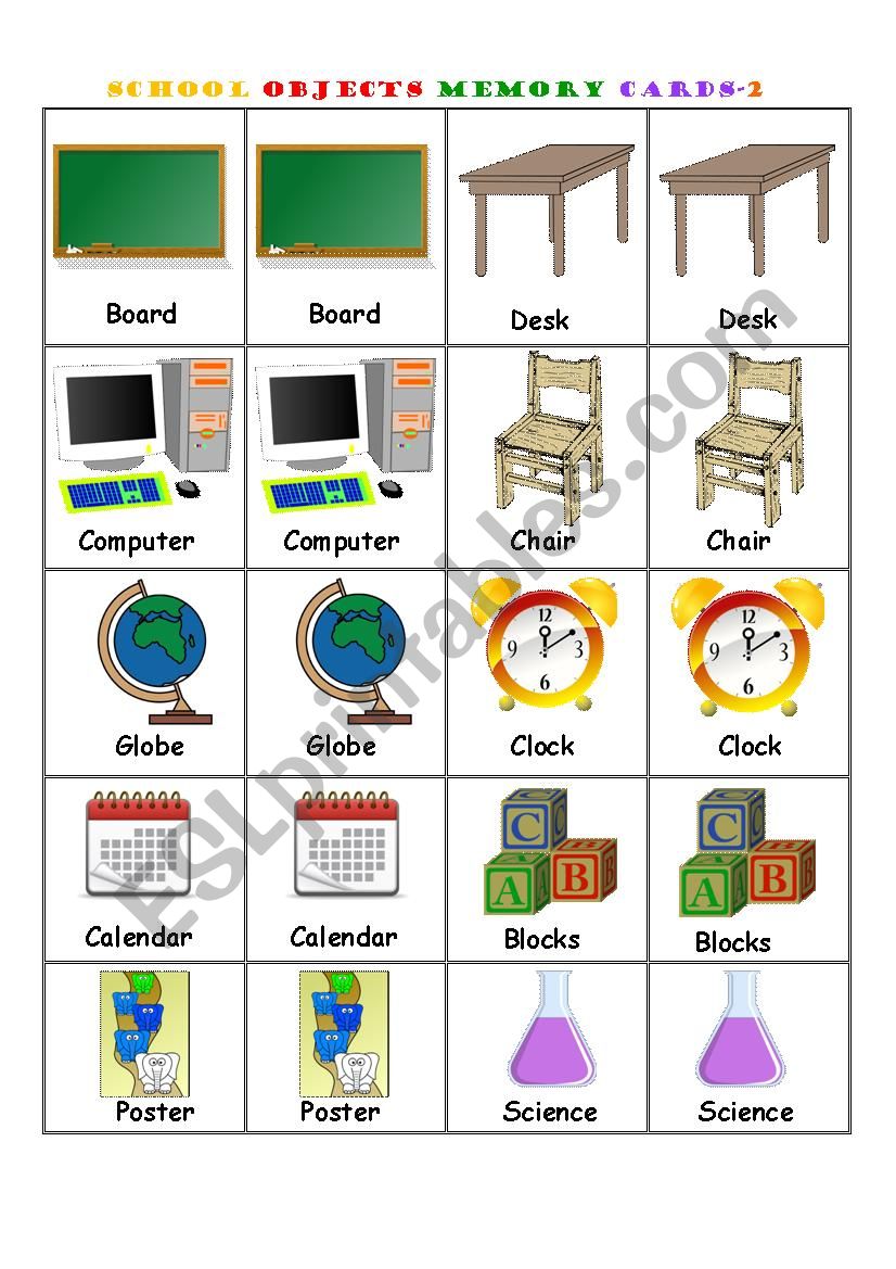 Classroom Objects Memory Game Cards - 2