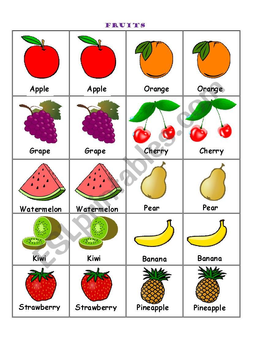 Fruits Memory Game Cards worksheet