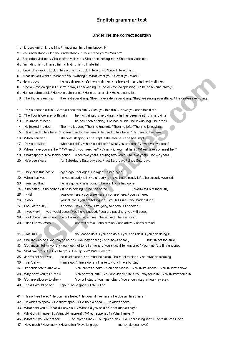 Grammar test worksheet