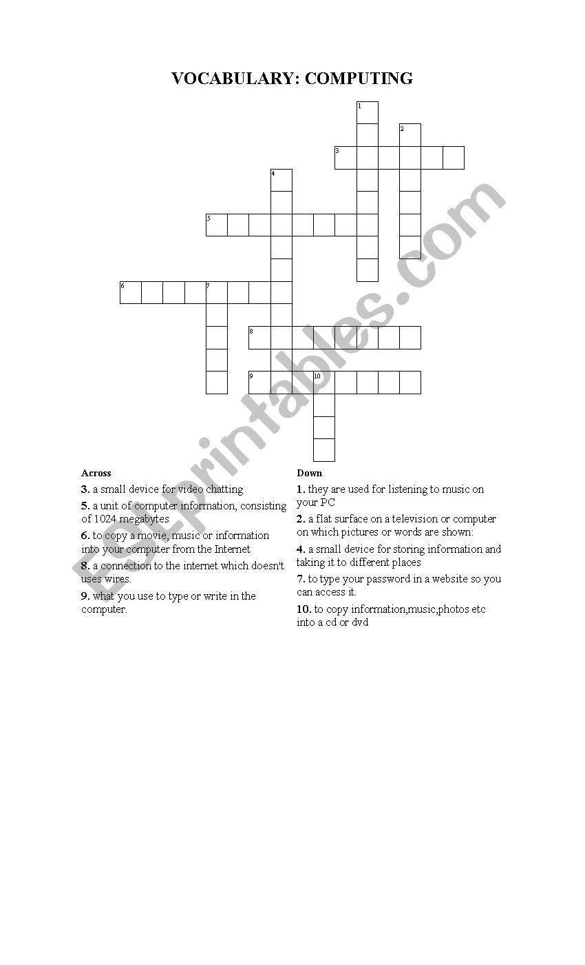 computing crossword worksheet