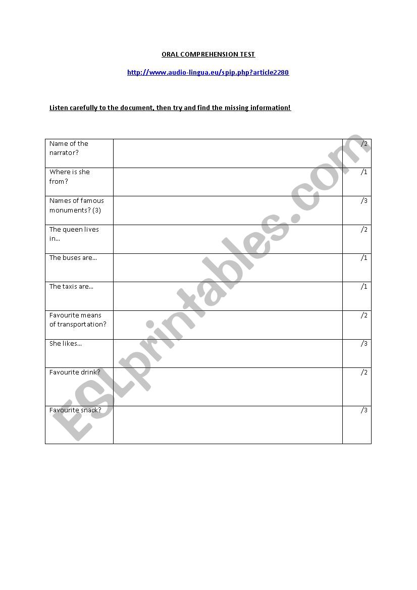 Listening Grid (A1) worksheet