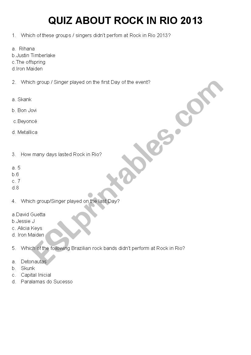 Rock in Rio 2013 worksheet