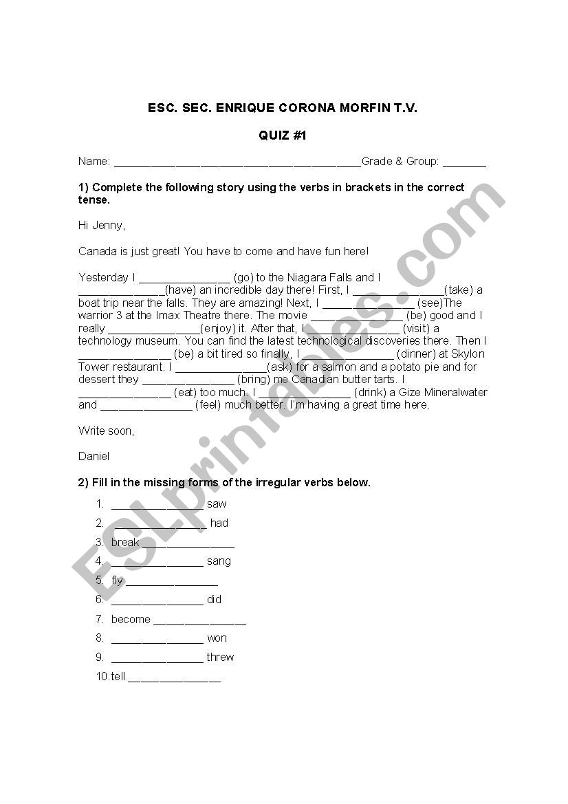 Simple Past verbs quiz worksheet