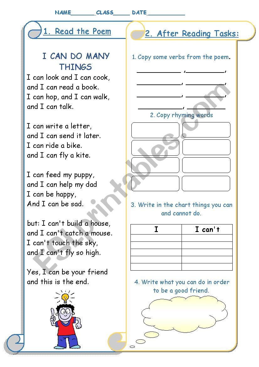 I can do many thing -a poem worksheet