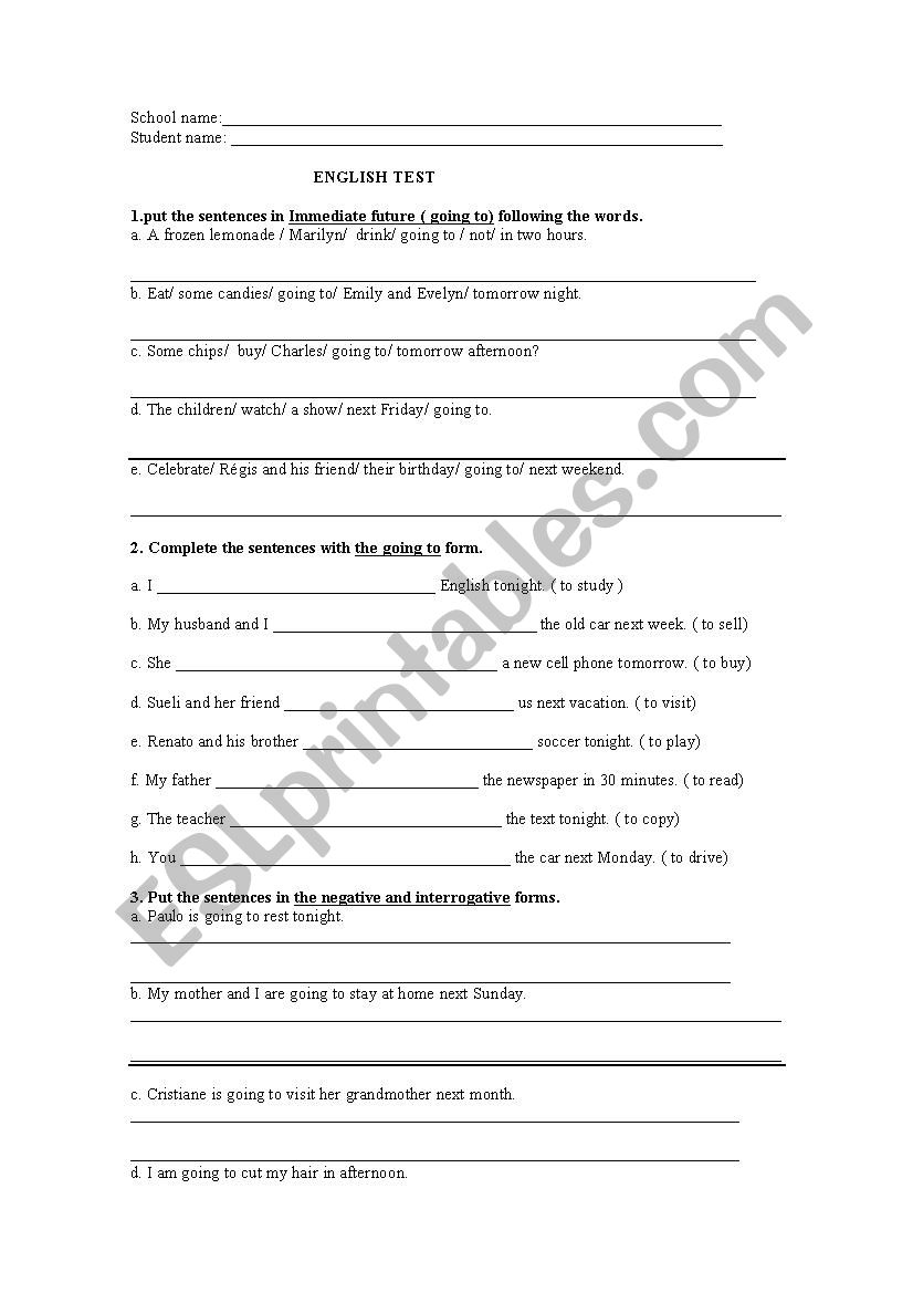 going to - imediate future worksheet