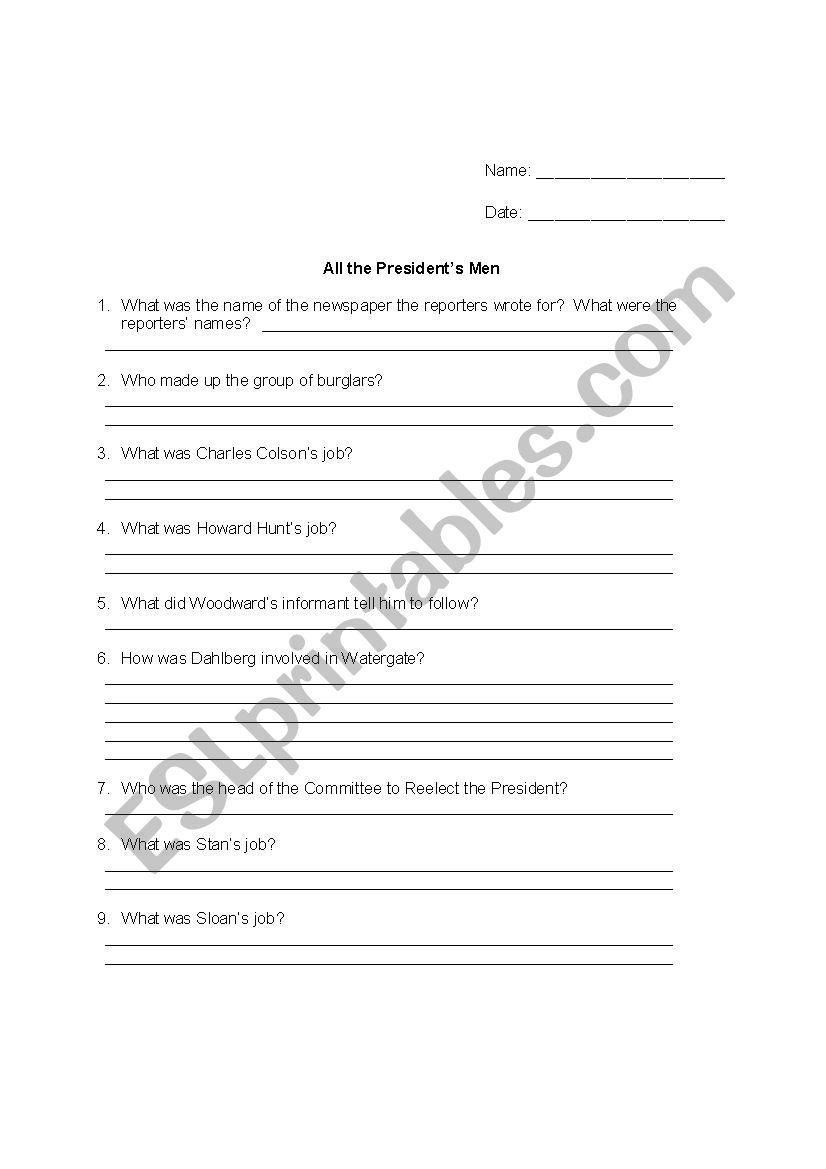 All of the Presidents Men Movie Worksheet