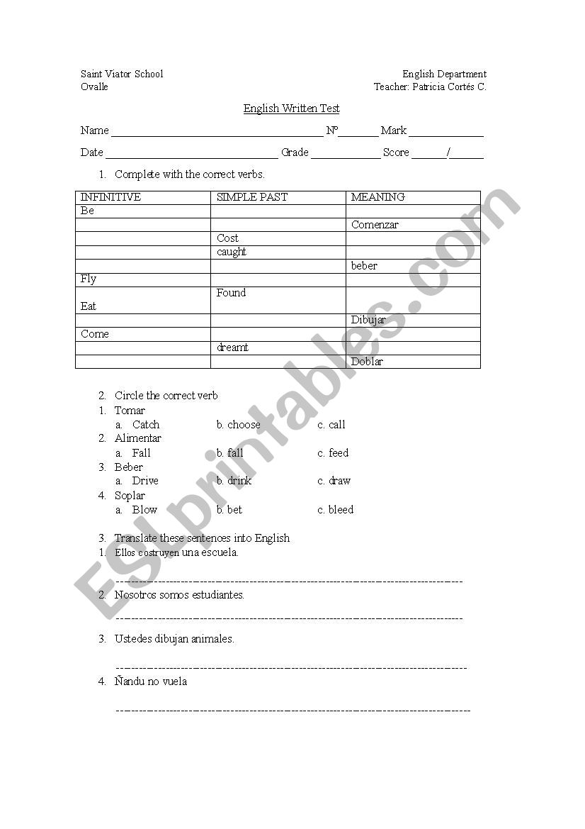 irregular verbs test worksheet