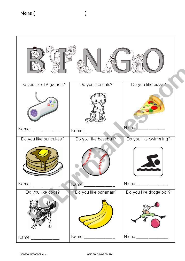 Elementary Bingo: Do you like ____?
