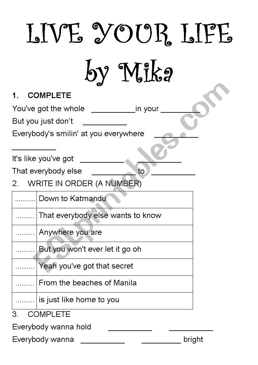 LIVE YOUR LIFE worksheet