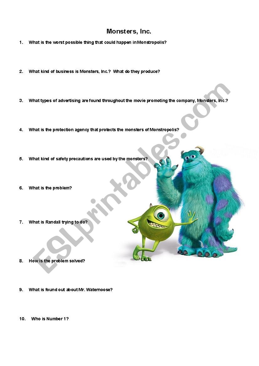 Monsters inc worksheet