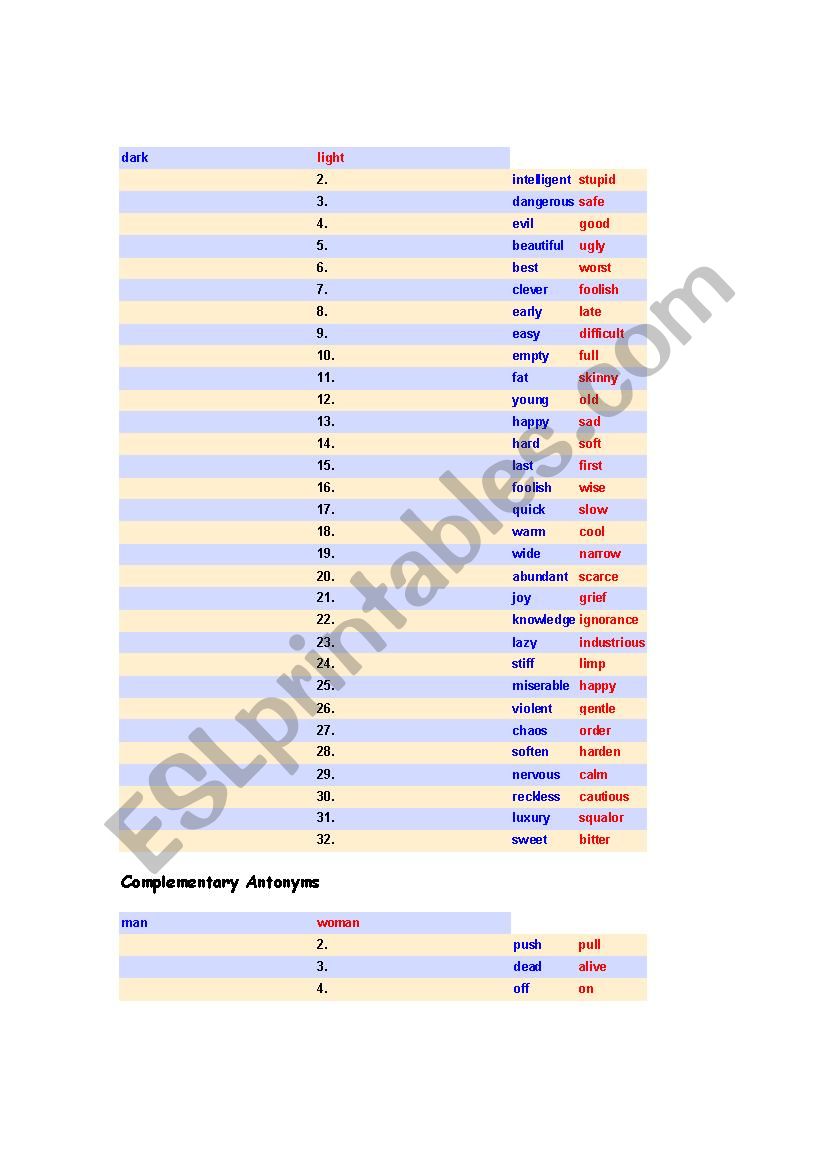 Antonyms worksheet