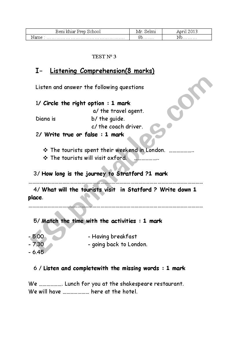 8th form test worksheet