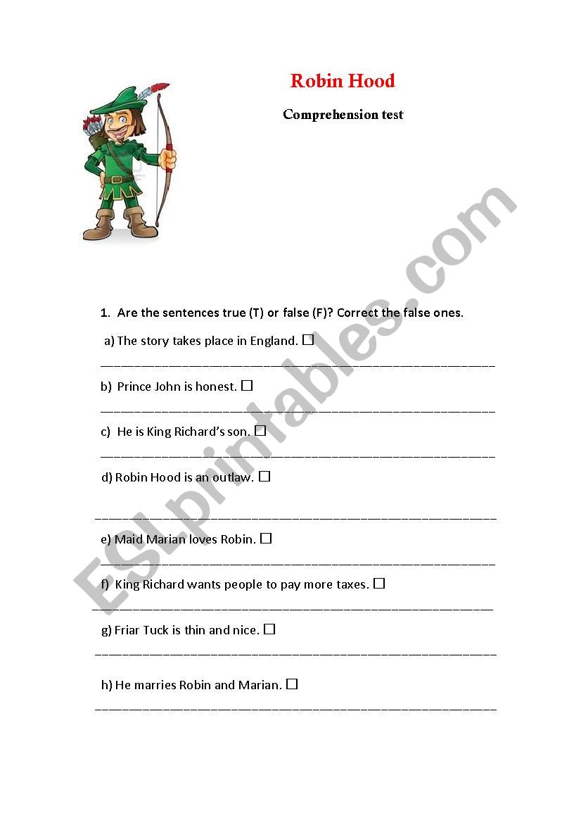 Robin Hood Comprehension test worksheet