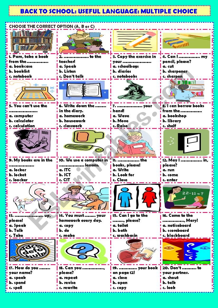 Back to school: classroom language: multiple choice (+ key)