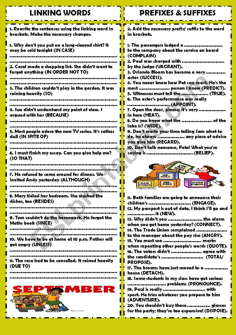 Practice 1: linking words & prefixes and suffixes (+key)