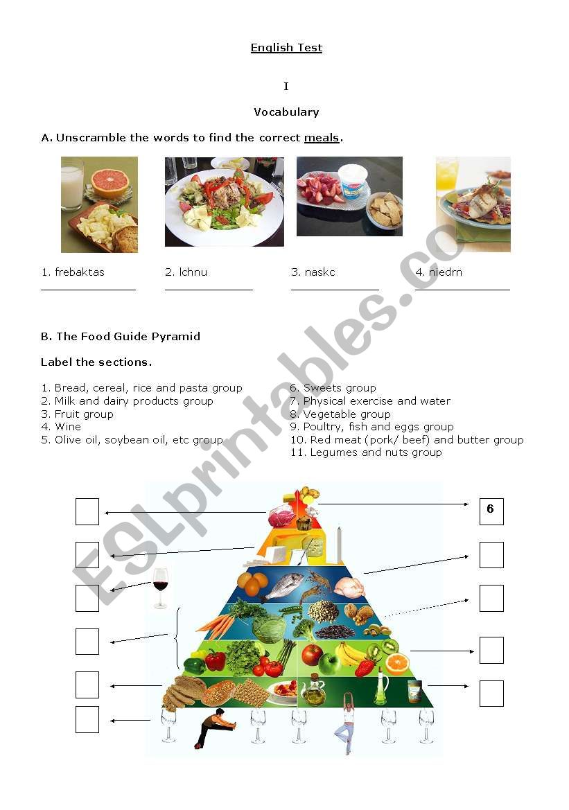 test -food -part1 worksheet
