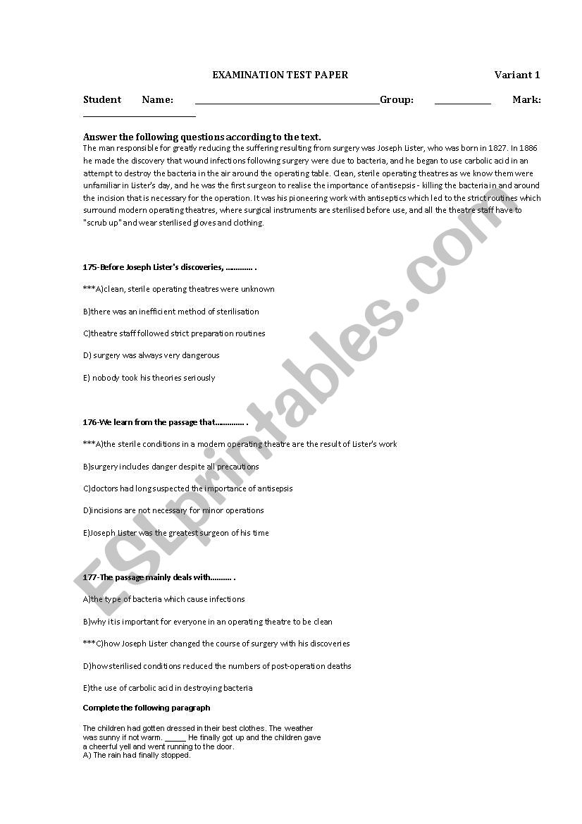 Reading comprehension worksheet