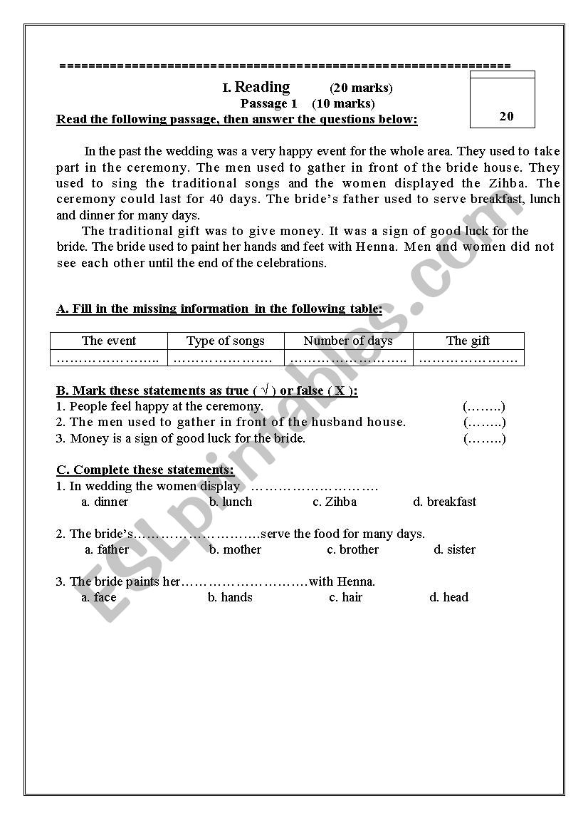 exam worksheet