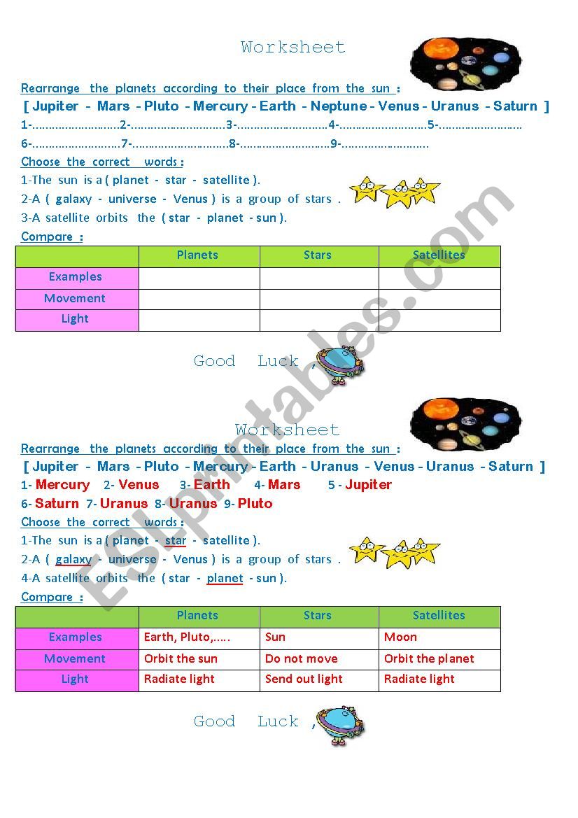 solar system worksheet