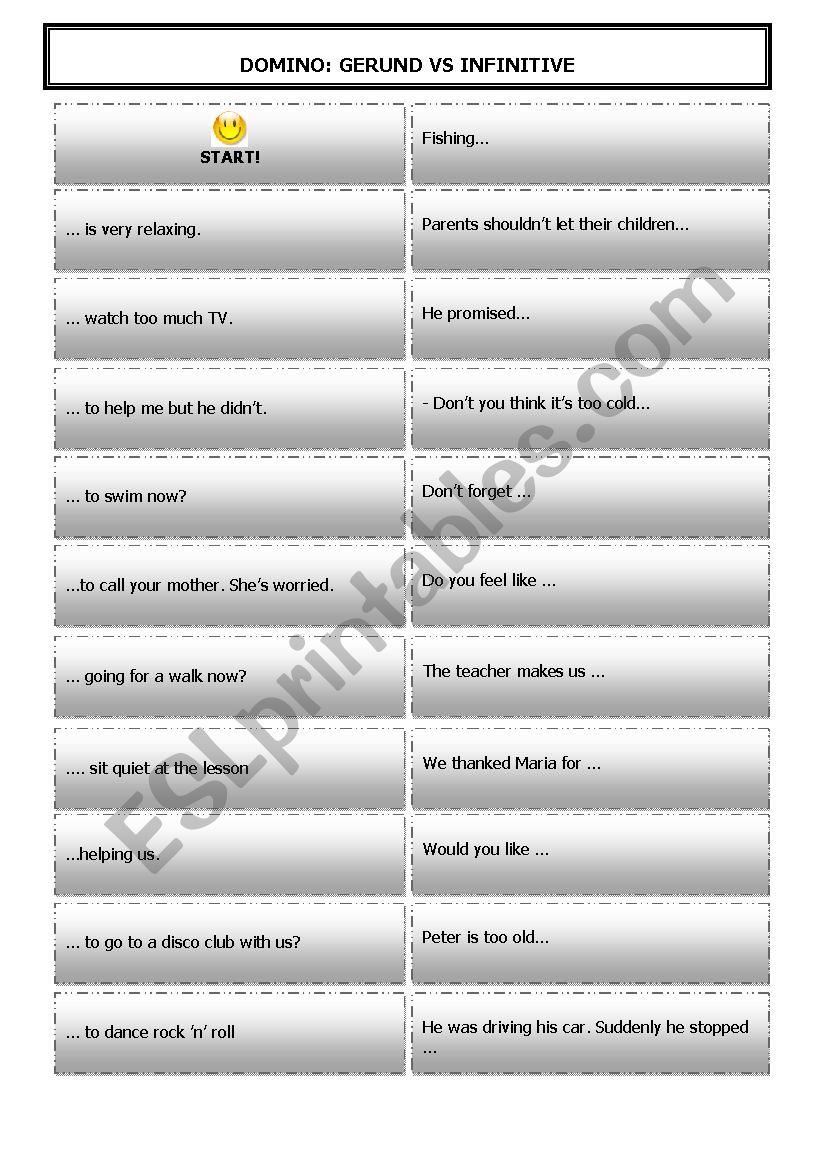 Domino: gerund vs infinitive worksheet