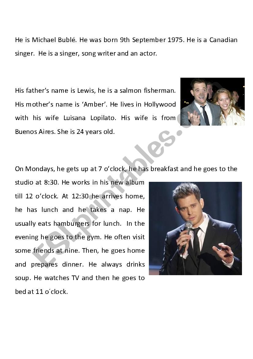 Michael BublÃ© worksheet