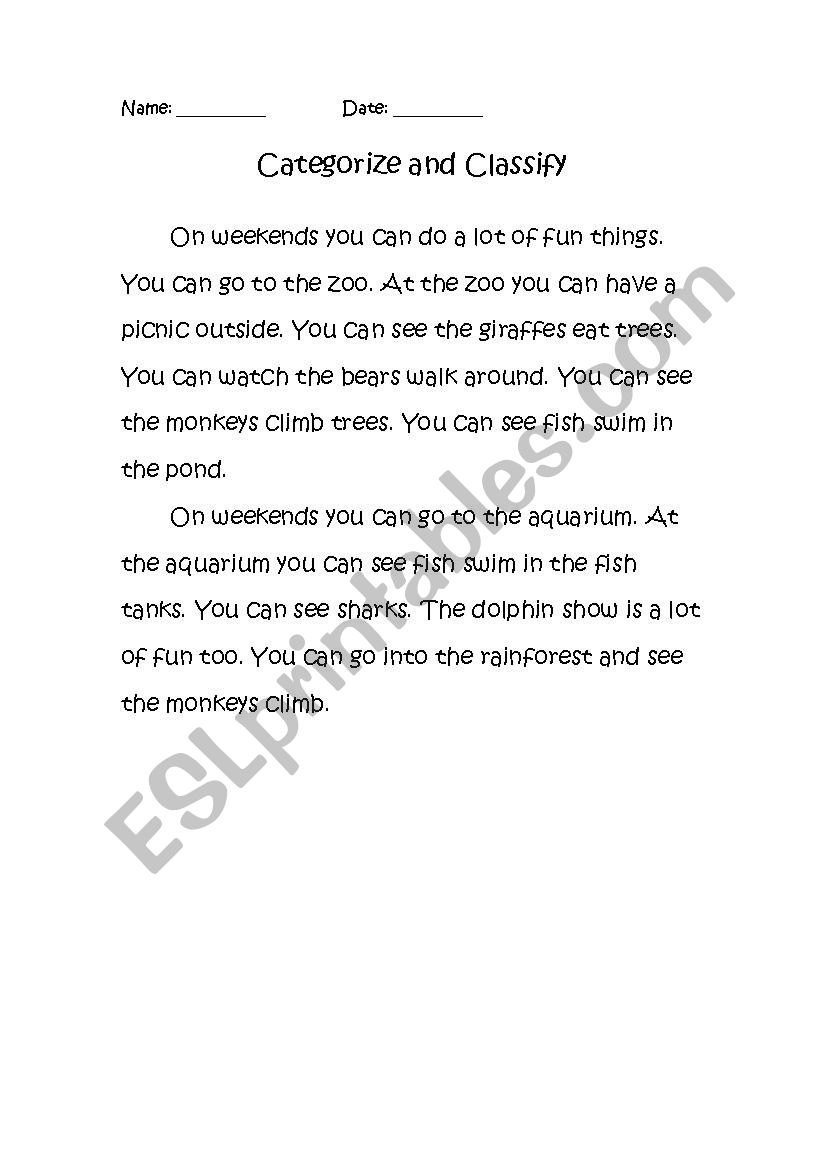Categorize and Classify worksheet Categorize and Classify worksheet