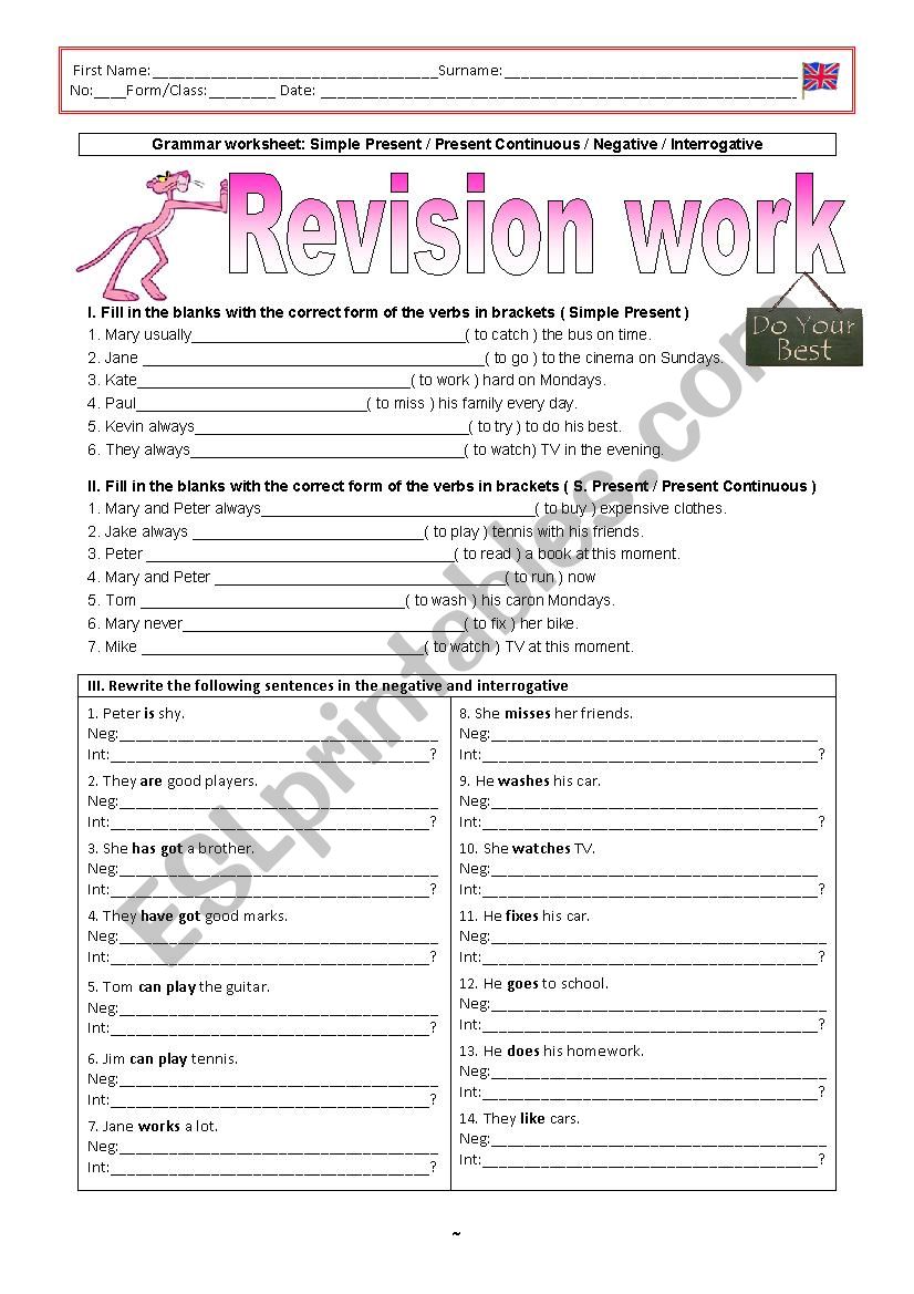 Revision work worksheet