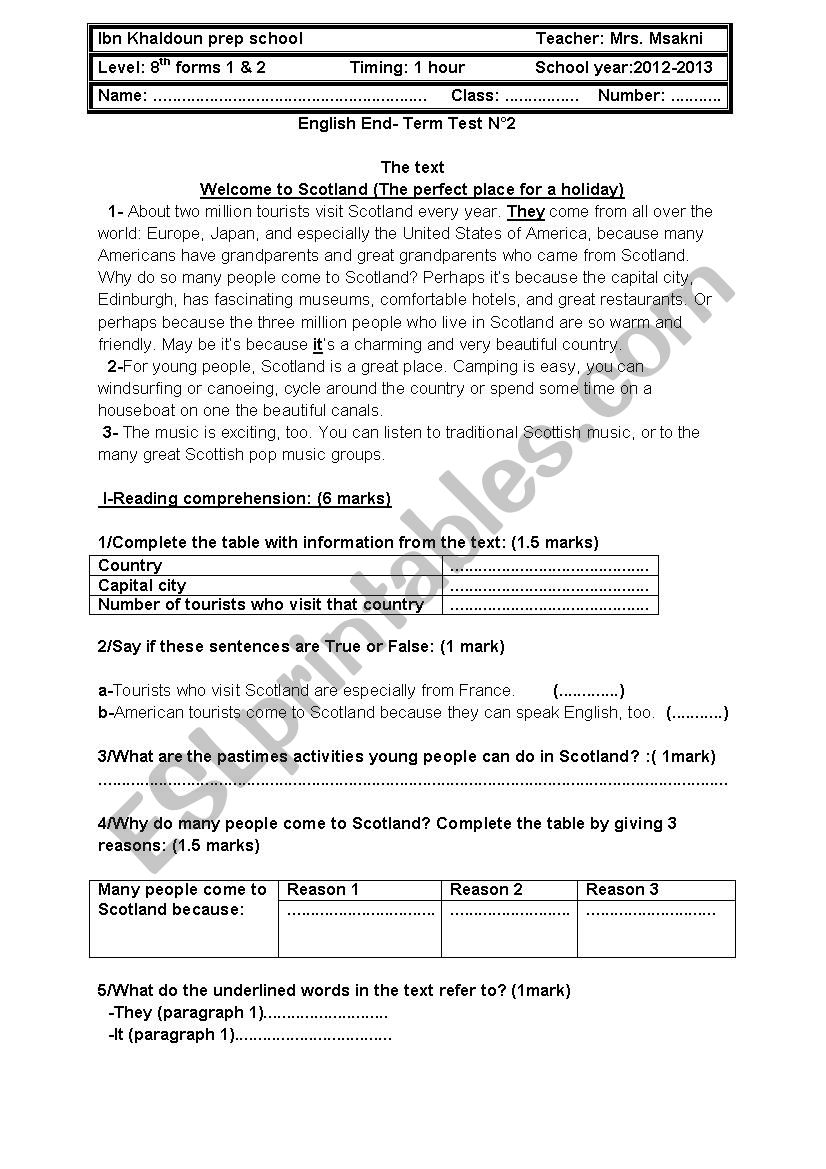 exam 8th form worksheet